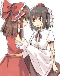 Rule 34 | 2girls, black hair, black skirt, blush, bow, breasts, brown eyes, brown hair, collared shirt, cowboy shot, detached sleeves, eye contact, frilled bow, frilled hair tubes, frills, from side, hair between eyes, hair bow, hair tubes, hakurei reimu, hat, hatsukaze33, large bow, looking at another, multiple girls, open mouth, pom pom (clothes), puffy short sleeves, puffy sleeves, red eyes, red headwear, red shirt, red skirt, ribbon-trimmed sleeves, ribbon trim, sarashi, shameimaru aya, shirt, short sleeves, simple background, skirt, sleeveless, sleeveless shirt, small breasts, tokin hat, touhou, white background, white shirt, wide sleeves, yuri