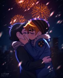 Rule 34 | 2boys, aerial fireworks, beanie, black hair, blush, brown hair, closed eyes, coat, couple, dated, fireworks, hat, highres, male focus, multiple boys, new year, nifast (greentail), official style, scott pilgrim, scott pilgrim (series), scott pilgrim takes off, short hair, snowing, thick eyebrows, upper body, wallace wells, yaoi