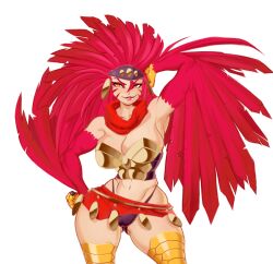 Rule 34 | 1girl, animal hands, armor, bare shoulders, bird legs, black panties, boobplate, breastplate, breasts, cameltoe, claws, cleavage, corruption of champions 2, dclzexon, facial mark, fang, feather hair, feathered wings, feathers, gluteal fold, harpy, headband, highleg, highleg panties, large breasts, lips, long hair, microskirt, midriff, monster girl, navel, non-web source, official art, panties, plate armor, red feathers, red hair, red scarf, red skirt, red wings, scarf, skirt, solo, swept bangs, tan, transparent background, underwear, wide hips, winged arms, wings, yellow eyes, zhara (corruption of champions)