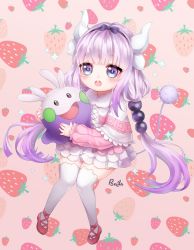 Rule 34 | 10s, 1girl, artist name, beads, black bow, blue eyes, blunt bangs, bow, capelet, creatures (company), crossover, dragon girl, dragon horns, dragon tail, dress, food, fruit, full body, game freak, gen 6 pokemon, goomy, hair beads, hair bow, hair ornament, hairband, holding, horns, kanna kamui, kobayashi-san chi no maidragon, light purple hair, long hair, long sleeves, looking at viewer, nintendo, open mouth, pink footwear, pokemon, pokemon (creature), pong (vndn124), shoes, short dress, strawberry, tail, thick thighs, thighhighs, thighs, trait connection, twintails, white thighhighs, wide hips, zettai ryouiki