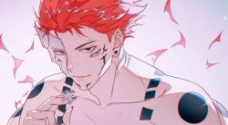 Rule 34 | 1boy, arm tattoo, closed mouth, collarbone, ear piercing, extra arms, extra eyes, facial mark, facial tattoo, flower, glorenia, highres, holding, holding flower, jujutsu kaisen, looking at viewer, male focus, muscular, muscular male, pectorals, piercing, ryoumen sukuna (jujutsu kaisen), short hair, shoulder tattoo, smile, solo, tattoo, topless male, upper body