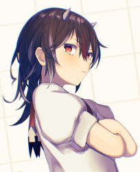 Rule 34 | 1girl, black hair, blurry, blurry background, blush, breasts, closed mouth, crossed arms, depth of field, dutch angle, from side, grey horns, hair between eyes, highres, horns, kijin seija, kisamu (ksmz), looking at viewer, looking to the side, multicolored hair, puffy short sleeves, puffy sleeves, red eyes, shirt, short hair, short sleeves, small breasts, solo, streaked hair, touhou, upper body, v-shaped eyebrows, white shirt, window