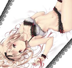 Rule 34 | 1girl, bed sheet, black ribbon, blonde hair, bra, breasts, cleavage, from above, grey bra, grey panties, hair between eyes, hair ribbon, highres, holding, holding ribbon, kantai collection, looking at viewer, lying, medium breasts, multicolored hair, on back, panties, polka dot, polka dot bra, polka dot panties, red eyes, red ribbon, ribbon, ribbon bra, solo, thigh strap, two-tone hair, underwear, underwear only, wrist cuffs, yuudachi (kancolle), yuudachi kai ni (kancolle)