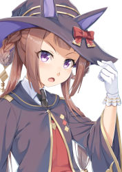 Rule 34 | 1girl, animal ears, blush, commentary request, gloves, hair rings, hat, horse ears, long hair, miri (ago550421), open mouth, portrait, purple eyes, simple background, solo, sweep tosho (umamusume), twintails, umamusume, white background, witch hat