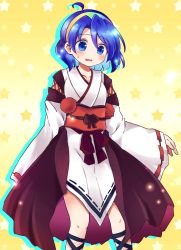 Rule 34 | 1girl, ahoge, alternate costume, blue eyes, blue hair, breasts, hairband, highres, japanese clothes, long sleeves, multicolored hairband, open mouth, pote (ptkan), short hair, small breasts, solo, star (symbol), sweatdrop, tenkyuu chimata, touhou, yellow background