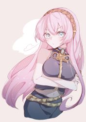 Rule 34 | 1girl, armband, beige background, belt, black shirt, black skirt, blue eyes, breasts, commentary, contrapposto, cropped torso, crossed arms, gold trim, headphones, highres, light blush, long hair, looking at viewer, medium breasts, megurine luka, midriff, pink hair, pouty lips, shinoduki, shirt, skirt, sleeveless, sleeveless shirt, upper body, v-shaped eyebrows, vocaloid