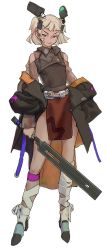 Rule 34 | 1girl, absurdres, bandaid, bandaid on face, black coat, breasts, brown eyes, clothing cutout, coat, cross scar, cumox5, female focus, highres, holding, holding sword, holding weapon, looking at viewer, off shoulder, original, pelvic curtain, scar, scar on face, serious, short hair, shoulder cutout, simple background, small breasts, solo, standing, sword, two side up, weapon, white background