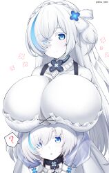 Rule 34 | 2girls, ?, alternate breast size, azur lane, bare shoulders, blue eyes, blue hair, braid, breast rest, breasts, cleavage, collarbone, colored skin, dress, dual persona, gigantic breasts, highres, huge breasts, kamishiro (rsg10679), long hair, looking at viewer, multiple girls, short hair, simple background, speech bubble, tb (azur lane), tb (type-s) (azur lane), tb (young) (azur lane), triangle mouth, twitter username, white background, white dress, white hair, white skin