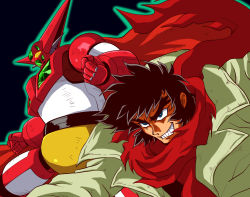 Rule 34 | 1boy, black hair, blue eyes, clenched hand, clenched teeth, getter-1, getter robo, glowing, glowing eyes, highres, long hair, looking ahead, mecha, nagare ryoma, potiri02, red scarf, robot, scarf, shin getter robo, super robot, teeth, yellow eyes