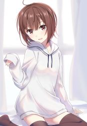 Rule 34 | 1girl, absurdres, ahoge, black thighhighs, blush, brown eyes, brown hair, curtains, head tilt, highres, long hoodie, long sleeves, looking at viewer, nemu mohu, open mouth, original, oversized clothes, oversized shirt, shirt, short hair, sitting, solo, sweater, thighhighs, white background, white curtains, white sweater, window