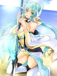 Rule 34 | 1girl, aqua hair, beach, bikini, blush, bow, breasts, cleavage, day, dutch angle, fate/grand order, fate (series), hair bow, kiyohime (fate), kiyohime (fate/grand order), kiyohime (swimsuit lancer) (fate), kiyohime (swimsuit lancer) (first ascension) (fate), kneeling, long hair, looking at viewer, maki (seventh heaven maxion), medium breasts, ocean, outdoors, polearm, shore, smile, solo, spear, swimsuit, twintails, weapon, yellow eyes