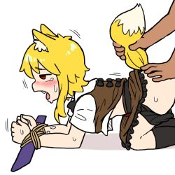 1boy 1girl animal_ear_fluff animal_ears asymmetrical_hair black_panties black_socks blonde_hair blush bound bound_wrists brown_skirt brown_vest bseibutsu collared_shirt commentary_request cookie_(touhou) feet_out_of_frame fox_ears fox_girl fox_tail grabbing_another&#039;s_tail implied_sex medium_hair miramikaru_riran open_mouth panties profile red_eyes rough_sex shirt short_sleeves simple_background single_sidelock skirt socks solo_focus tail underwear vest white_background white_shirt