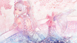 Rule 34 | 1girl, back, blue eyes, blunt bangs, bow, breasts, byuura (sonofelice), cherry blossoms, fins, fish tail, flower, frills, gloves, hair flower, hair ornament, highres, large breasts, long hair, looking at viewer, looking back, mermaid, monster girl, original, ponytail, sideboob, solo, tail, tail bow, tail ornament, water, white bow, white gloves, white hair