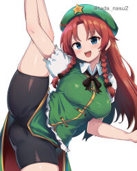 Rule 34 | 1girl, bike shorts, black shorts, blue eyes, braid, breasts, chinese clothes, collared shirt, flexible, green hat, hat, highres, hong meiling, long hair, looking at viewer, low twin braids, medium breasts, neck ribbon, parted bangs, puffy short sleeves, puffy sleeves, red hair, ribbon, shirt, short shorts, short sleeves, shorts, smile, solo, split, standing, standing on one leg, standing split, star (symbol), tada no nasu, teeth, thighs, touhou, twin braids, twitter username, upper teeth only, white shirt