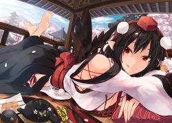 1girl, arm rest, arms up, back bow, bare shoulders, barefoot, bow, breasts, bridal gauntlets, brown hair, bug, butterfly, crossed ankles, cup, day, detached sleeves, dutch angle, feet up, fisheye, food, food on face, hand rest, hat, hip vent, insect, japanese clothes, kagami toufu, kourindou tengu costume, long sleeves, looking at viewer, lying, medium breasts, medium hair, obi, on stomach, pointy ears, pom pom (clothes), red eyes, red sash, sash, seductive smile, shameimaru aya, side-tie bottom, sidelocks, smile, soles, solo, teacup, teapot, the pose, toes, tokin hat, tongue, tongue out, touhou, wide sleeves, wings