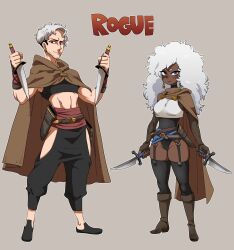 Rule 34 | 1boy, 1girl, black eyes, black footwear, black hair, blue eyes, boots, brown cape, brown footwear, cape, cleft of venus, dagger, dark-skinned female, dark skin, dual wielding, english text, expressionless, facial hair, full body, highres, holding, holding dagger, holding knife, holding weapon, hood, hooded cape, knee boots, knife, leotard, long hair, looking at viewer, multicolored hair, navel, nuclear wasabi, original, rogue, short hair, simple background, smile, stubble, thighhighs, two-tone hair, very dark skin, weapon, white hair