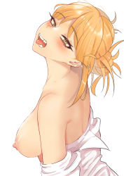 Rule 34 | 1girl, absurdres, blonde hair, blush, boku no hero academia, breasts, breasts out, collarbone, fangs, female focus, hair bun, highres, looking at viewer, looking back, messy hair, naked shirt, nape, nipple slip, nipples, open clothes, open shirt, shirt, simple background, single hair bun, solo, toga himiko, tongue, tongue out, upper body, white background, yellow eyes, zd (pixiv6210083)