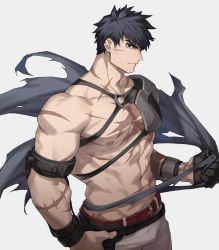 Rule 34 | 00047, 1boy, abs, alchemy stars, armor, bara, belt, belt buckle, black hair, buckle, closed mouth, facial scar, fingerless gloves, gloves, grey pants, half gloves, highres, large pectorals, looking at viewer, male focus, muscular, muscular male, navel, nipples, pants, pauldrons, pectorals, pittman (alchemy stars), red belt, scar, scar on arm, scar on cheek, scar on chest, scar on face, scar on neck, scar on stomach, short hair, shoulder armor, single glove, single pauldron, solo, torn clothes, white background