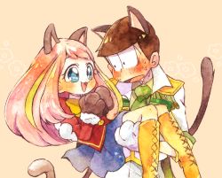 Rule 34 | 10s, 1boy, 1girl, :3, animal ears, animal hands, bad id, blue eyes, blush, boots, brown hair, carrying, cat ears, cross-laced footwear, f6 (osomatsu-san), gloves, hashimoto nyaa, idol, knee boots, lace-up boots, looking at another, matsuno choromatsu, momiji (lucario), multicolored hair, osomatsu-kun, osomatsu-san, osomatsu (series), paw gloves, pink hair, princess carry, school uniform, smile, streaked hair, sweat, tail, upper body
