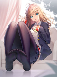 Rule 34 | 1girl, antenna hair, armchair, black jacket, black pantyhose, black skirt, blazer, blonde hair, blue eyes, blurry, blurry background, cellphone, chair, collared shirt, commentary request, curtains, depth of field, feet, foot focus, foreshortening, full body, grey sweater, gridman universe, hands up, highres, holding, holding phone, jacket, long hair, looking at viewer, minami yume, no shoes, on chair, open clothes, open jacket, pantyhose, parted lips, phone, pleated skirt, ririko (zhuoyandesailaer), shirt, skirt, sleeves past wrists, soles, solo, ssss.dynazenon, sweater, w, white shirt