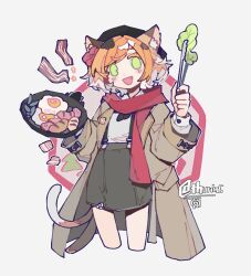 Rule 34 | 1girl, :d, animal ears, arknights, bacon, black hair, blush, brown coat, calico, cat ears, cat girl, cat tail, coat, cowboy shot, cropped legs, fang, flower, food, fried egg, frying pan, green eyes, grey skirt, hair flower, hair ornament, highres, holding, holding frying pan, holding tongs, layered sleeves, lettuce, long sleeves, mousse (arknights), mousse (campfire cooking smoke) (arknights), multicolored hair, multiple tails, official alternate costume, open clothes, open coat, open mouth, orange hair, red flower, red scarf, sausage, scarf, shirt, short hair, simple background, skirt, smile, solo, suspender skirt, suspenders, tail, thurim6, tongs, two tails, white background, white hair, white shirt