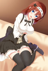 Rule 34 | 1girl, :d, bed, bed sheet, black bow, black ribbon, black skirt, black thighhighs, blue eyes, blush, bow, breast hold, breasts, brown background, brown hair, frilled skirt, frills, gradient background, hair bow, hairband, high-waist skirt, huyumitsu, knees together feet apart, large breasts, long hair, long sleeves, neck ribbon, no shoes, on bed, open mouth, original, ribbon, ribbon-trimmed hairband, ribbon-trimmed sleeves, ribbon trim, short hair, skirt, smile, solo, tareme, thighhighs, white hairband, zettai ryouiki