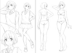 Rule 34 | 1girl, arm behind head, ass, back, barefoot, blush, bow, bowtie, breasts, cleavage, from behind, frown, full body, hand on own hip, lineart, loafers, medium breasts, monochrome, multiple views, original, pleated skirt, profile, ribbed socks, ryuuta (msxtr), school uniform, shoes, short hair, sitting, skirt, smile, socks, standing, sweater vest, underwear, underwear only