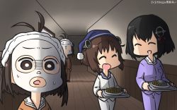 Rule 34 | 3girls, adapted costume, alternate costume, ammunition, black hair, brown eyes, brown hair, dated, closed eyes, facial mask, feet out of frame, haguro (kancolle), hairband, hallway, hamu koutarou, hat, highres, kantai collection, mud mask, multiple girls, naka (kancolle), open mouth, pajamas, plate, round teeth, short hair, smile, teeth, tray, upper teeth only, yukikaze (kancolle), zoom layer