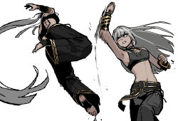 Rule 34 | 2girls, arm behind back, bare shoulders, belt, black belt, black pants, bracelet, clenched hands, clenched teeth, dodging, feet, fighting, gogalking, gold bracelet, gold trim, green eyes, grey hair, hair flowing over, jewelry, jumping, long bangs, long hair, lou (gogalking), midriff, motion blur, motion lines, multiple girls, navel, original, pants, ponytail, shagal (gogalking), soles, straight hair, tan, teeth, toes, uppercut, very long hair, white background, worried