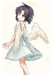 Rule 34 | 1girl, :d, angel, angel wings, antenna hair, ayuko ammobium, bare back, black hair, blush, brown eyes, dress, feathers, feet out of frame, frilled dress, frills, halo, highres, idolmaster, idolmaster (classic), kikuchi makoto, looking at viewer, looking back, looking to the side, open mouth, short hair, sleeveless, sleeveless dress, smile, solo, sundress, white background, white feathers, white wings, wings