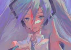Rule 34 | 1girl, blood, blood on face, blue eyes, blue hair, blue necktie, collared shirt, commentary, genn 00o, hair between eyes, hatsune miku, headset, highres, looking at viewer, necktie, open mouth, reaching, reaching towards viewer, shirt, sleeveless, sleeveless shirt, solo, upper body, vocaloid, white shirt
