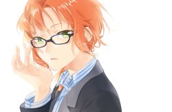 Rule 34 | 1boy, adjusting eyewear, bishounen, black jacket, collared shirt, commentary request, ensemble stars!, glasses, green eyes, hand up, jacket, long hair, looking at viewer, male focus, open mouth, orange hair, shirt, simple background, solo, striped clothes, striped shirt, suit jacket, tokopent, tsukinaga leo, upper body, white background