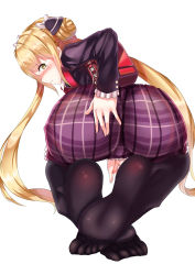 Rule 34 | 1girl, absurdres, artist request, ass, backpack, bag, black legwear, blonde hair, blush, feet, feet together, highres, looking at viewer, looking back, luna (shadowverse), no shoes, school uniform, shadowverse, simple background, skirt, soles, tagme, tears, toes, white background