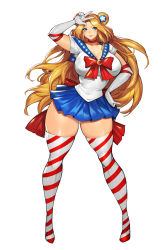 Rule 34 | 1girl, absurdres, adapted costume, back bow, bishoujo senshi sailor moon, blonde hair, blue eyes, blue sailor collar, blue skirt, blush, bow, breasts, choker, cleavage, cosplay, curvy, earrings, elbow gloves, full body, gloves, gurimjang, hand on own hip, highres, huge breasts, jewelry, lipstick, long hair, looking at viewer, magical girl, makeup, mount olympus comics, patriotika, pleated skirt, red bow, red lips, sailor collar, sailor moon, sailor moon (cosplay), sailor senshi, sailor senshi uniform, simple background, skindentation, skirt, smile, solo, standing, striped clothes, striped thighhighs, thick thighs, thighhighs, thighs, v, very long hair, white background, white gloves, wide hips
