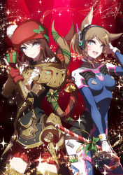 Rule 34 | 2girls, animal ears, armor, beret, braid, brown hair, candy, candy cane, contrapposto, cosplay, d.va (overwatch), d.va (overwatch) (cosplay), dark.h, facial mark, final fantasy, final fantasy xiv, food, fur trim, gift, hat, headphones, long hair, miniskirt, miqo&#039;te, multiple girls, overwatch, overwatch 1, pauldrons, ribbon, short hair, shoulder armor, skin tight, skirt, slit pupils, standing, tail, tail ornament, tail ribbon, twin braids