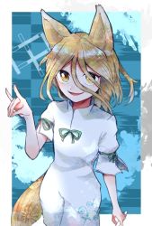 Rule 34 | 1girl, animal ears, blonde hair, blue background, border, bow, fox ears, fox tail, green bow, hair between eyes, hand up, highres, itomugi-kun, jumpsuit, kudamaki tsukasa, looking at viewer, looking up, open mouth, short hair, short sleeves, smile, solo, standing, tail, touhou, white border, white jumpsuit, white sleeves, yellow eyes