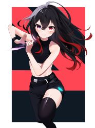 Rule 34 | 1girl, absurdres, ahoge, bare shoulders, belt, black hair, black thighhighs, blue eyes, border, character request, commission, copyright request, dagger, glowing, gradient hair, highres, holding, holding dagger, holding knife, holding weapon, huge ahoge, knife, long hair, multicolored eyes, multicolored hair, red eyes, red hair, single thighhigh, skeb commission, solo, thighhighs, tyazakura sayu, virtual youtuber, weapon, white border