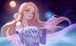 Rule 34 | 1girl, artist name, blonde hair, blue nails, breasts, collarbone, commentary request, dress, elsa (frozen), frozen (disney), full moon, hand up, lipstick, long hair, looking at viewer, makeup, march ab, medium breasts, moon, nail polish, night, night sky, open mouth, purple eyes, sky, smile, snowflakes, solo, star (sky), strapless, strapless dress, upper body