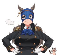 Rule 34 | 2girls, animal ears, ascot, baseball bat, blue ascot, blue eyes, blue mask, buttons, commentary, curren chan (umamusume), double-breasted, earrings, epaulettes, false smile, fukuro (maruaru00), gem, gloves, grey hair, hands on own hips, highres, holding, holding baseball bat, horse ears, horse girl, jewelry, long hair, long sleeves, medium hair, military uniform, multiple girls, naval uniform, perry steam (umamusume), red gemstone, romaji text, shaded face, simple background, single earring, smile, smug, sword earrings, translated, umamusume, umamusume: beginning of a new era, upper body, visible air, white background, white gloves