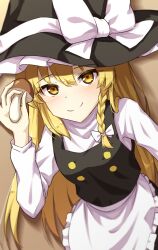 Rule 34 | 1girl, apron, black hat, black vest, blonde hair, braid, brown background, closed mouth, commentary request, hat, highres, holding, kirisame marisa, long hair, long sleeves, looking at viewer, mini-hakkero, side braid, simple background, single braid, sketch, smile, solo, touhou, turtleneck, upper body, vest, waist apron, white apron, witch hat, yellow eyes, yosshy