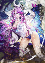 Rule 34 | 1girl, blue eyes, blush, breasts, butterfly wings, cleavage, crab d, insect wings, large breasts, long hair, looking at viewer, navel, parted lips, purple hair, qurare magic library, revision, shiny skin, skindentation, smile, solo, thighhighs, wings