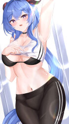 Rule 34 | 1girl, absurdres, ahoge, arm up, armpits, bare shoulders, blue hair, blush, breasts, cleavage, collarbone, ganyu (genshin impact), genshin impact, highres, horns, kuro (blackpgmickey), large breasts, long hair, looking at viewer, navel, open mouth, purple eyes, sidelocks, solo, thighs