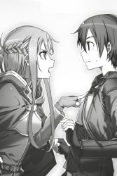 Rule 34 | 1boy, 1girl, armor, asuna (sao), braid, breastplate, bunbun, crown braid, eye contact, fingerless gloves, from side, gloves, greyscale, hand on own hip, highres, index finger raised, kirito, long hair, looking at another, monochrome, novel illustration, official art, open mouth, sidelocks, sweatdrop, sword art online
