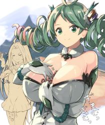 Rule 34 | 2girls, ahoge, antenna hair, bare shoulders, bow, breasts, choker, cleavage, closed eyes, clothes pull, collarbone, commentary request, cowboy shot, curly hair, de la fille, dress, dress pull, drill hair, elbow gloves, flat chest, fur collar, gem, gloves, gradient hair, granblue fantasy, green eyes, green hair, hair bow, hair intakes, hair ornament, jewelry, large breasts, long hair, looking at viewer, lyria (granblue fantasy), monochrome, motion lines, multicolored hair, multiple girls, off shoulder, short dress, smile, smug, streaked hair, swept bangs, translation request, twin drills, twintails, upper body, usugiri bacon, very long hair, white dress