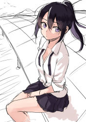 Rule 34 | 1girl, black hair, blouse, breasts, cleavage, expressionless, highres, long hair, looking at viewer, original, ponytail, purple eyes, rucchiifu, school uniform, shirt, sketch, solo, untied, white shirt
