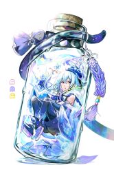 Rule 34 | 1boy, absurdres, arknights, beret, black shirt, black shorts, blue eyes, blue footwear, blue hair, bottle, cape, commentary, crossed arms, detached sleeves, full body, ghost, gloves, hat, highres, hood, hooded cape, in bottle, in container, knees up, light blue hair, looking at viewer, male focus, mizuki (arknights), parted lips, petals, pink eyes, purple hair, see-through cape, shirt, shoes, short hair with long locks, shorts, signature, simple background, sneakers, solo, tentacles, teruterubouzu, water, wed (lim38869577), white background, white gloves