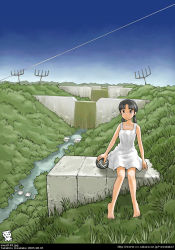 Rule 34 | 00s, 1girl, 2005, artist name, awatake takahiro, barefoot, black hair, dam, dated, day, dress, feet, grass, landscape, low twintails, outdoors, river, scenery, sitting, sky, solo, toes, twintails, watermark, web address