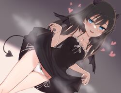Rule 34 | 1girl, :d, bare arms, bare shoulders, black dress, black hair, blue eyes, blush, bow, bow panties, breasts, collarbone, commentary, demon girl, demon tail, dress, dutch angle, frilled panties, frills, hair between eyes, heart, highres, horns, layla (mino), long hair, looking at viewer, medium breasts, nonono (mino), open mouth, original, panties, ringed eyes, side-tie panties, skirt hold, sleeveless, sleeveless dress, smile, solo, spaghetti strap, sweat, tail, thighs, underwear, white panties, wings