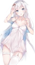 Rule 34 | 1girl, anastasia (fate), blue eyes, breasts, commentary request, cowboy shot, dress, earrings, fate/grand order, fate (series), garter straps, hair ornament, highres, jewelry, long hair, looking at viewer, off shoulder, parted lips, sai (saipoko), short dress, simple background, single thighhigh, small breasts, solo, thigh strap, thighhighs, white background, white dress, white hair, white thighhighs