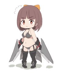 Rule 34 | 1girl, :/, blush stickers, boots, bow, bow choker, bra, breasts, brown eyes, brown hair, chibi, elbow gloves, folait, full body, gloves, hair bow, looking at viewer, navel, original, panties, short hair, simple background, solo, standing, thigh strap, underwear, white background